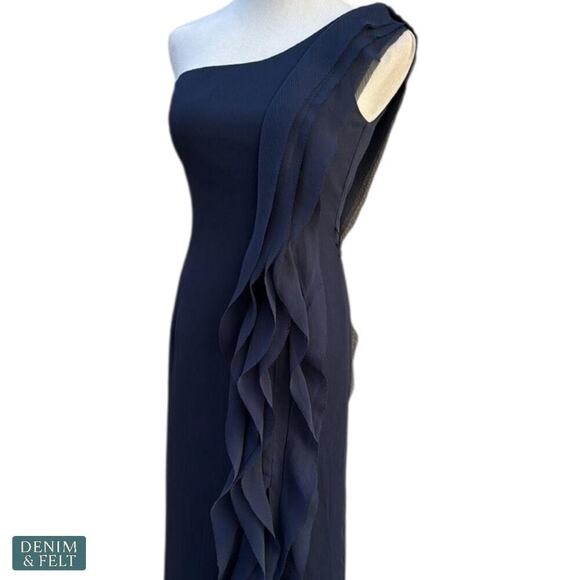Vera Wang White Navy One Shoulder Ruffle Slit Formal Evening Gown Wedding Dress - Picture 4 of 13